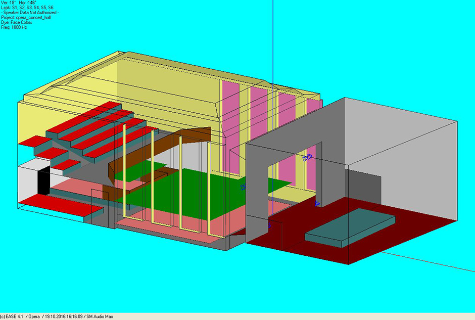 Трёхмерная архитектурная модель концертного зала с указанием места расположения слушателей (зеленая область) и акустических систем