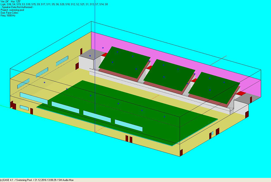 Трёхмерная архитектурная модель бассейна с указанием зон озвучивания (зелёная область) и
                    расположения акустических систем